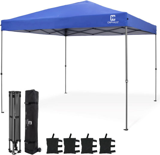 CAPHAUS Patented One-Push Pop Up Outdoor Canopy Tent, Heavy-Duty Commercial Grade w/Central Lock, Portable and Instant Folding Shelter with Wheeled Carry Bag and Weight Bag, 10ft x 10ft, Blue