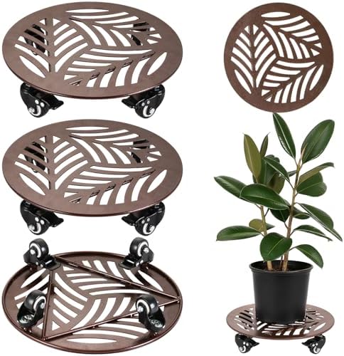 3-Pack Large Metal Plant Caddy with Wheels 13.6 Inches Heavy-duty Rolling Plant Stands with Casters Wheeled Flower Pot Mover Rollers Rust-proof Iron Planter Dolly Coasters for Indoor Outdoor Use