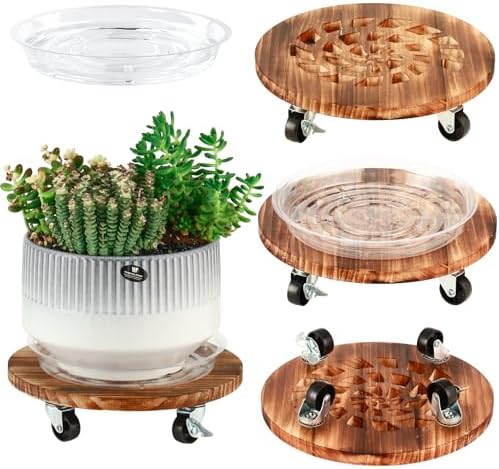 4 Pack Plant Caddy with Wheels Heavy Duty 12 Inch Wooden Plant Stand with Wheels Plant Dolly Rolling Plant Stand Plant Roller with Casters for Indoor and Outdoor with 4 Pack Plant Saucers, Round