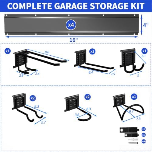 Garage Tool Organizer Wall Mount, 64 Inch Heavy Duty Garden Tool Organizer Storage System, Easy Install with 8 Adjustable Bike Hooks, for Garage, Basement, Shed, Workshop, Black, Steel
