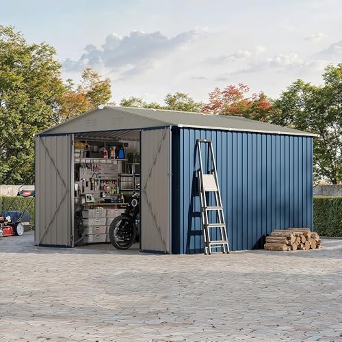 Garvee 10x10 FT Metal Storage Shed – Lockable Doors, Floor Frame, Blue