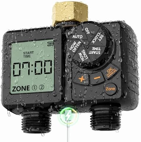 MIXC 2026-Thickened Soaker Hose 100Ft with Rechargeable 2-Zone Water Timer