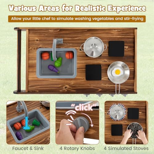 HONEY JOY Mud Kitchen with Wheels - Fir Wood Outdoor Play Kitchen for Toddlers, Garden Sink, Stoves, Storage Shelf, Kids Outdoor Backyard Kitchen Playset