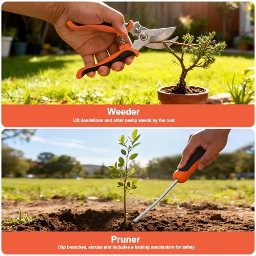 Gardening Tools 7-Piece Heavy Duty Garden Tool Set Gardening Supplies Gifts for Women Men Gardening Hand Tool Kit with Non-Slip Ergonomic Handle, Garden Bag, Pruning Shears, Black Orange