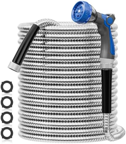 SPECILITE 5/8" 304 Stainless Steel Metal Garden Hose 50FT with Blue Nozzle