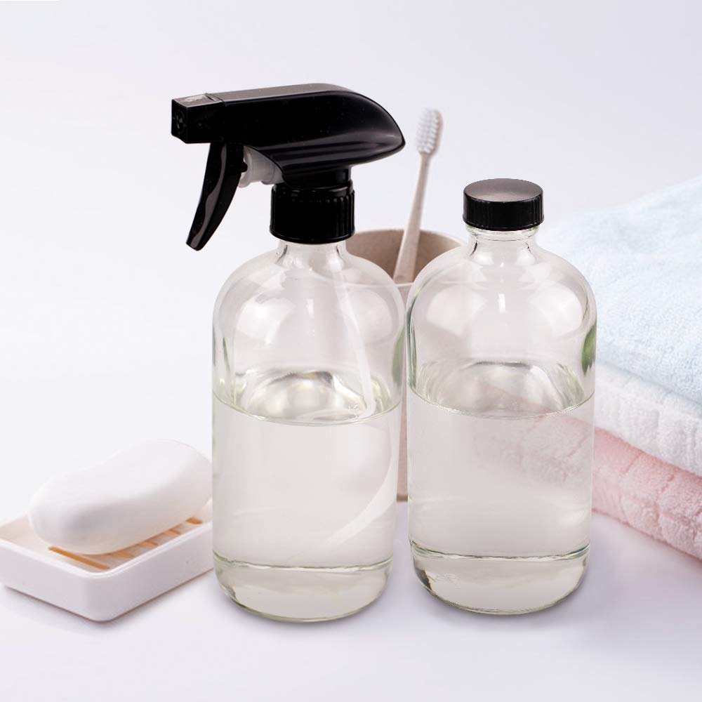 Wedama Glass Spray Bottle, 2 Pack Clear 16 oz Glass Spray Bottles for Cleaning Solutions and Essential Oils, Refillable Empty Spray Bottle with Adjustable Nozzles for Alcohol, Plant and Hair Care
