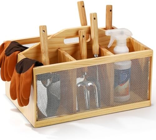 Teenyyou Garden Tool Organizer Wooden Garden Caddy with 4 Compartments and Handle Portable Gardening Tool Basket Nesting Box Practical Gardener Gift for Gardening Lovers