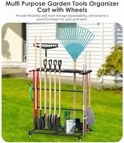 CCCEI Garage Organization with Wheels, Outdoor Gargen Yard Shed Tools Organizer Cart, Home Storage for Cleaning Supplies, Broom Holder, for Shovel and Rake, Long Farming and Farming Tools, Red.
