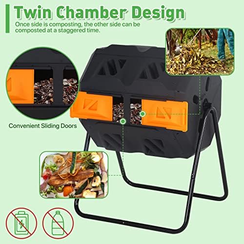43 Gallon Outdoor Compost Bin Large Tumbling Composter Garden Dual Composting Bins with Dual Chamber Sliding Doors & Aeration System for Garden Patio, All Season Composter, Orange Door