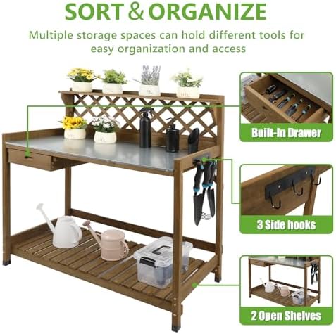 Garden Potting Benches & Tables,Outdoor Wooden Work Station W/Metal Table Top,Drawer,Large Bottom Shelf,Open Shelf Natural Wood-Natural Stained (43.5" D x 20.5" W x 45" H)