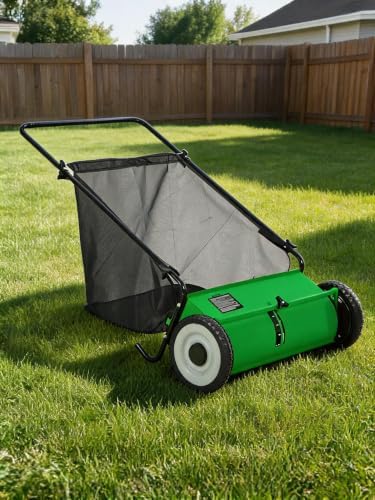 26-Inch Lawn Sweeper, 198L Extra-Large Collection Bag, 4 High-Speed Rotating Brushes, Adjustable Height Settings, Easy Leaf, Grass & Debris Cleanup for Lawns, Driveways, Patios & Artificial Turf