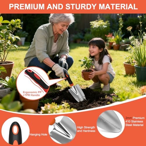 Gardening Tools 7-Piece Heavy Duty Garden Tool Set Gardening Supplies Gifts for Women Men Gardening Hand Tool Kit with Non-Slip Ergonomic Handle, Garden Bag, Pruning Shears, Black Orange