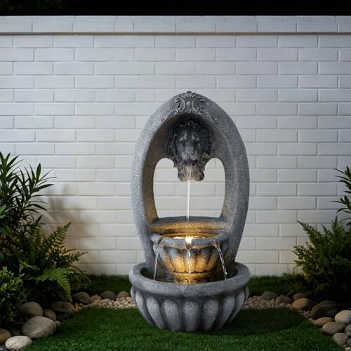 31.1" H Lion Head Fountain, 3-Tier Outdoor Water Fountain with LED Light