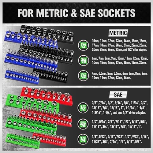 SWANLAKE Magnetic Socket Organizer Set, 1/4", 3/8", 1/2" Sockets Holds 286 Pieces Magnetic Socket Trays (Blue&red&black&green, 12 Pcs)