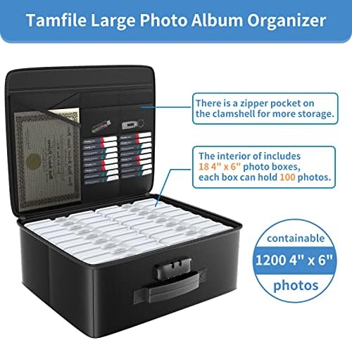 Fireproof Safe Photo Storage Box with 18 Inner 4" x 6" Clear Photo Cases, Portable Photo Organizer with Lock for Picture, Collapsible Photo Container with Handle and 18 Boxes 4 Sheet Label Stickers