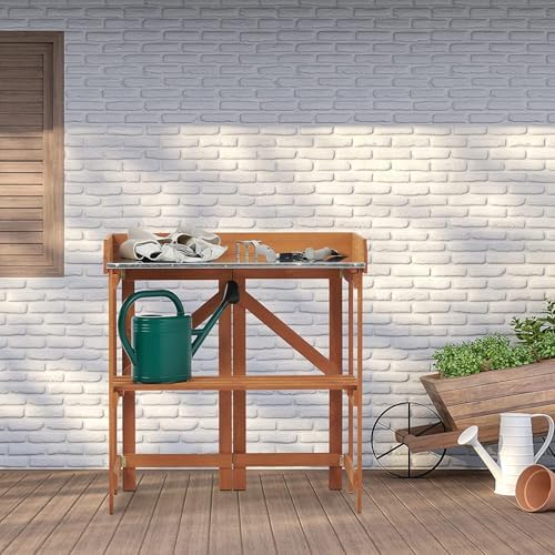 Folding Potting Bench Table, Outdoor Workstation with Galvanized Tabletop and Storage Shelf for Garden, Deck, Balcony, Easy Assembly