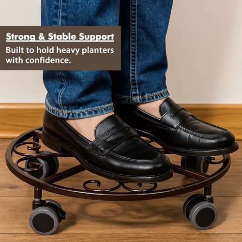 8 Pack Plant Caddy with Wheels & Saucers, Heavy Duty 13.5 Inch Metal Plant Stand with Wheels, Plant Dolly Rolling Plant Stand Plant Roller with Casters for Indoor and Outdoor, Bronze