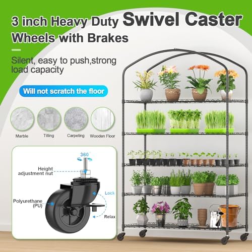 5-Tier Greenhouse with Caster Wheel, Shelf Height Adjustable Metal Shelf