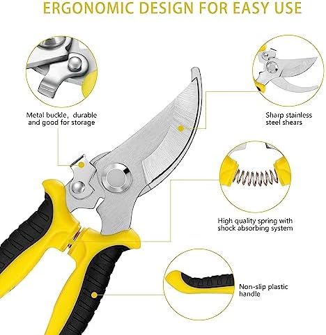 5 pack Garden Pruning Shears Stainless Steel Blades, Handheld Scissors Set with Gardening Gloves,Heavy Duty Garden Bypass Pruning Shears,Tree Trimmers Secateurs, Hand Pruner (Yellow and Black)