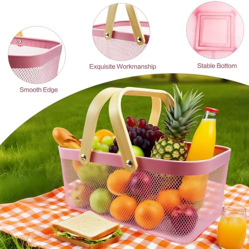 2 Pack Picnic Baskets, Metal Mesh Harvest Basket with Foldable Wooden Handle, Rectangle Garden Storage Basket Bin for Vegetable Fruit Garden Kitchen Cabinet Picking Gathering, Pink