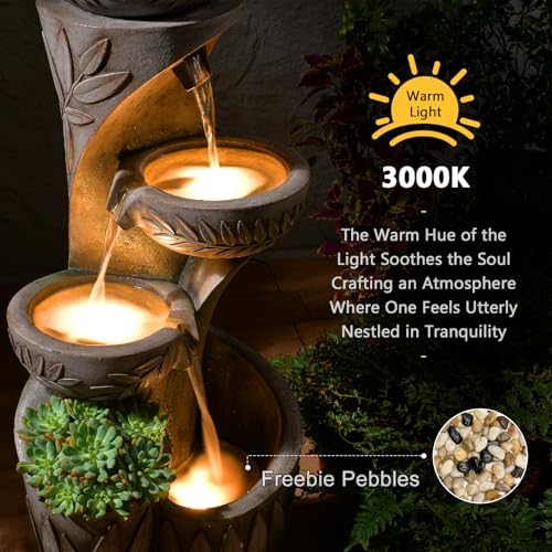 35.6" Solar Outdoor Water Fountain - Relief Leaf Design 4 Tiers Fountains