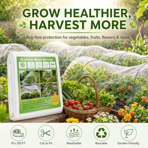 10 ft x 50 ft Garden Mesh Netting,Ultra Fine Plant netting for garden protection, garden netting for raised beds Vegetables,Bird Insect Nettings for Gardening, Blueberry Bush Strawberry Nettings Cover