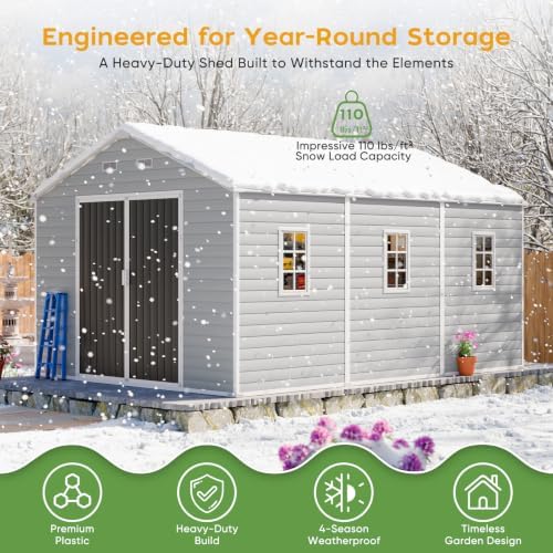 10x14 FT Large Resin Plastic Outdoor Storage Shed, Floor Included