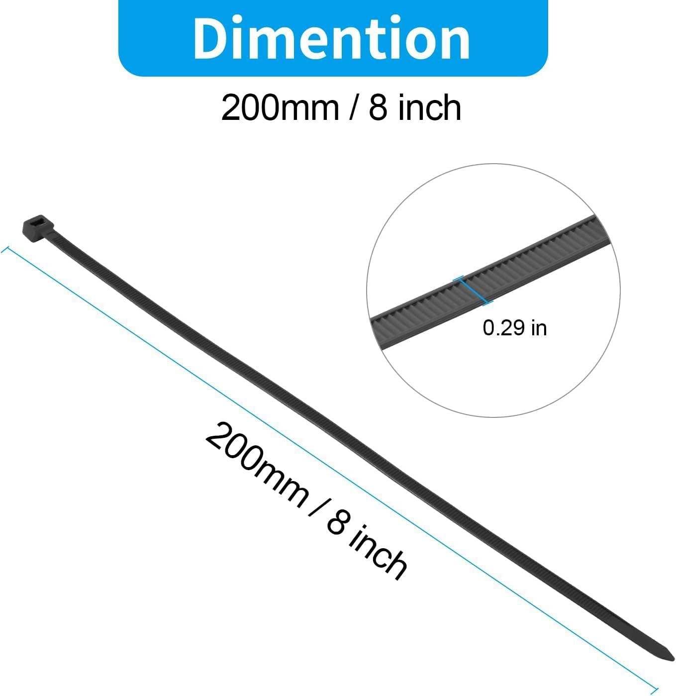 XINGO 8 Inch Blue Zip Ties Heavy Duty 100 Pack, 120 LBS Tensile Strength, Premium Nylon Cable Wire Ties, Self-locking Plastic Ties for Indoor and Outdoor Use