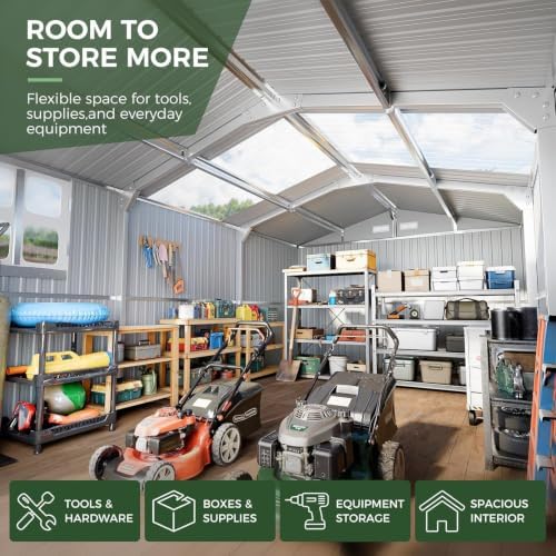 Metal Storage Shed 10x16 FT Reinforced Frame Outdoor Shed with Clear Roof, Air Vent & Lockable Door Large Garden Sheds for Backyard, Patio