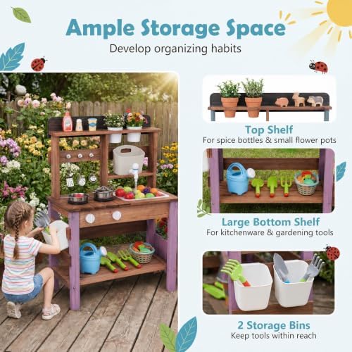 HONEY JOY Mud Kitchen with Planter Box and Running Water, Fir Wood Kids Potting Bench Mud Table, Water Tank & Gardening Tools Set, Sensory Outdoor Play Kitchen for Toddler Girls Boys(Purple)