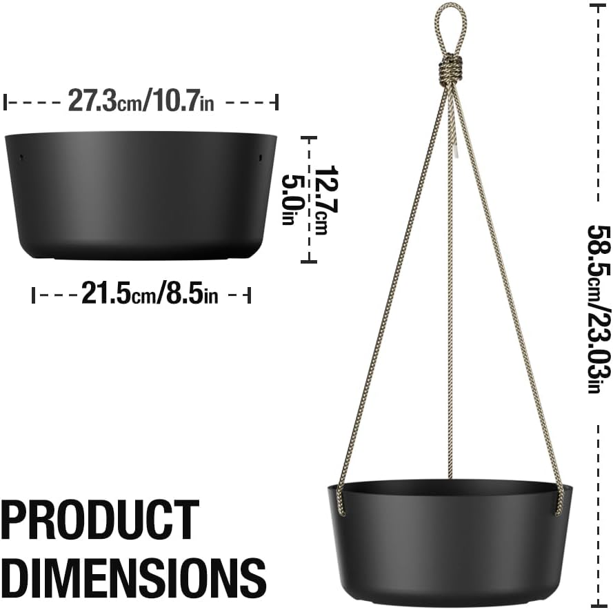 10.7 Inch Hanging Planter for Outdoor Indoor Plants，2 Pack Hanging Flower Pots with Drain Holes for Garden Home Decor Use (Black)
