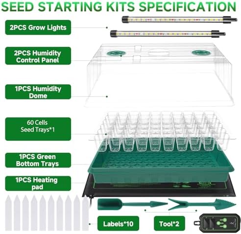 Seed Starter Tray with Grow Light and Thermostat Controller Heat Mat, 10"x 20.75" Heat Mats for Plant Growing，68-113°F Adjustable，Color Change Grow Lights，Germination Trays Kits (Green, 60 Cells)
