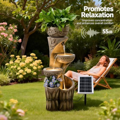 35.6" Solar Outdoor Water Fountain - Relief Leaf Design 4 Tiers Fountains