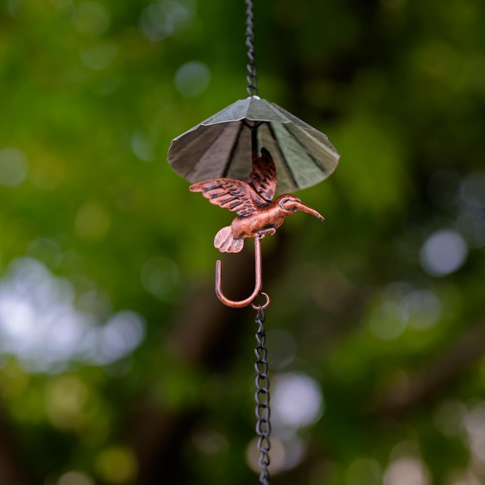 9.54 FT Rain Chain, Umbrella-Shaped Rain Chain for Outside with 10 Cups & Hummingbird Decor, Adjustable Rain Catcher Chain for Gutters, Eaves, Drainage, Replacement for Downpout