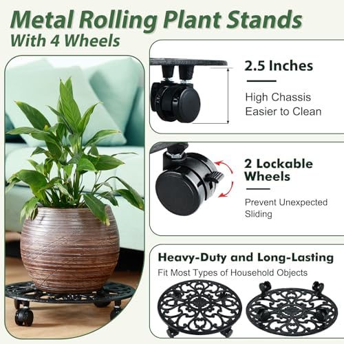 2 Packs 14 Inch Rolling Plant Stand with Wheels Metal Plant Caddy with Wheels Heavy Duty Round Plant Stand Indoor Iron Plants Rollers for Plants, Plant Dolly Planter Caddies