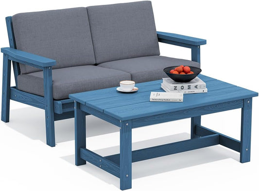 SERWALL Outdoor Loveseat, Blue Frame and Grey Cushion