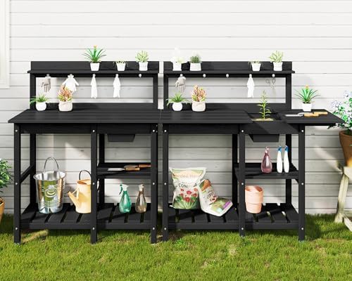 SERWALL Outdoor Potting Bench Set of 2 with Sink,Gardening Table,Black