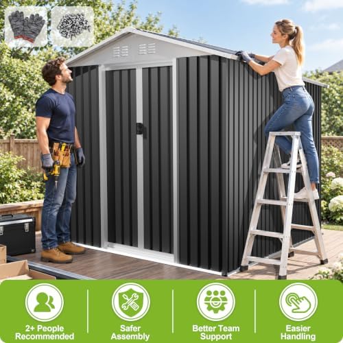 6x9x7 FT Outdoor Storage Shed,Galvanized Metal Garden Shed,Steel Tool Shed with Sliding Door & Gable Roof Waterproof, Rust-Resistant for Garden Backyard Patio Lawn Grey