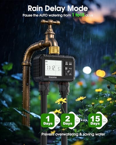 Insoma Water Timer with Brass Inlet, 2 Independent Zones Outdoor Hose Timer for Garden Faucet with Auto/Manual/Rain Delay Mode, Sprinkler Irrigation Controller for Yard Lawn