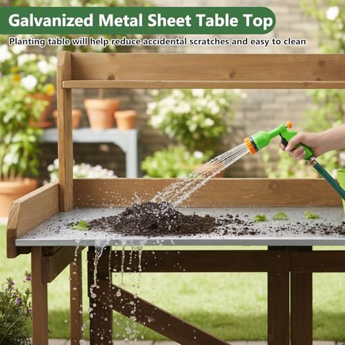 Garden Potting Bench Table Wooden Horticulture Outdoor Planting Work Bench with Metal Tabletop/Hooks/2 Large Open Shelf(34.8" LX 18" W X 46.6" H)