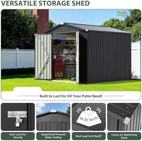 JUMMICO 8x8 FT Outdoor Storage Shed, Tool Metal Sheds, Black