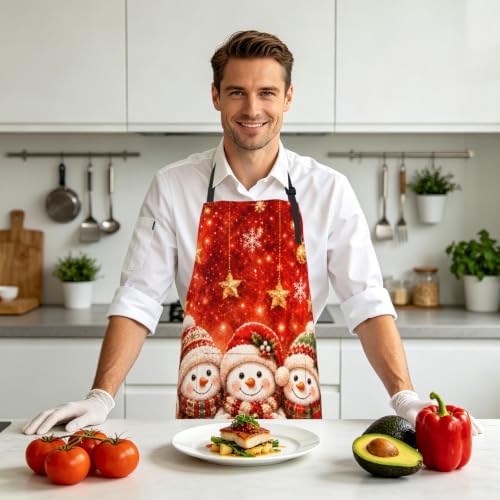 Christmas Aprons Red Snowman Kitchen Apron with 2 Pockets