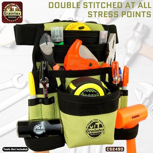 Graintex 10 Pocket Finisher Canvas Tool Pouch | Lime Green | 2' Webbing Belt | Multipurpose Durable Canvas Tool Bag with Balt | Electrician Tools, Plumbers Carpenters, Garden Belt, DIY, Drywallers