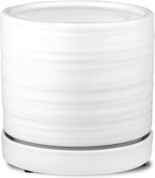 6 Inch Plant Pots, Ceramic Planter Pot with Drainage Hole & Saucer, Indoor/Outdoor Cylinder Round Planter Pot, Matte White
