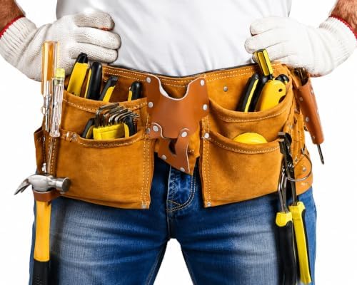 Gift for Men, Premium Leather Tool Belt for Men – Adjustable Carpenter Belt (Fits Waist 33"–48") | Heavy-Duty Construction Pouch for Framers, Handyman, Electricians – Brown
