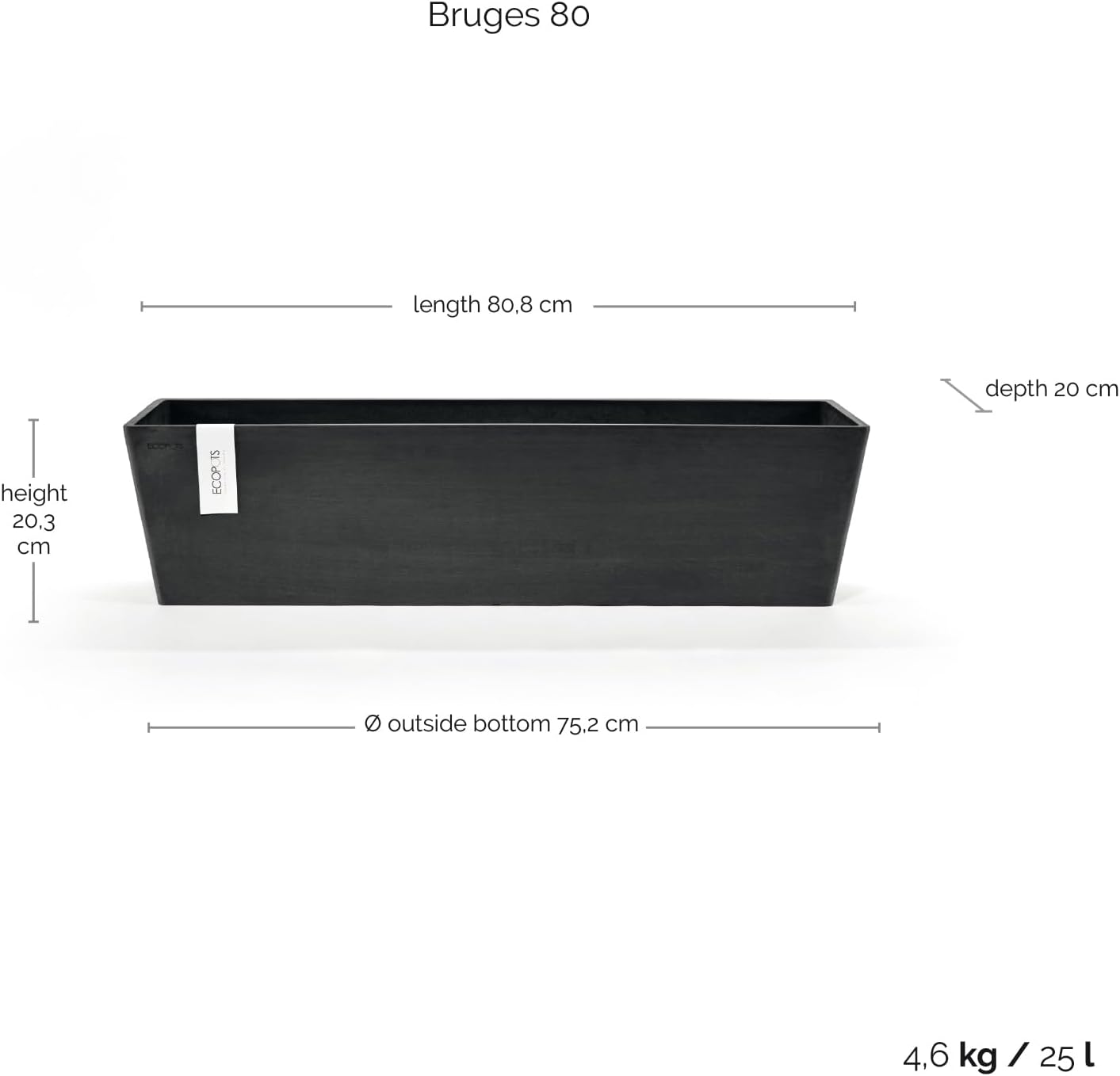 Ecopots Bruges Durable Modern Rectangular Indoor/Outdoor Recycled-Based Composite Flower Pot Planter, Dark Grey, 31.5"