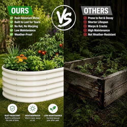 3 Pcs 4x2x1.5ft Raised Garden Bed Outdoor, 17" Tall Galvanized Metal Planter Box, Oval Raised Garden Bed Kit for Planting Vegetables Plants Fruits, Beige White