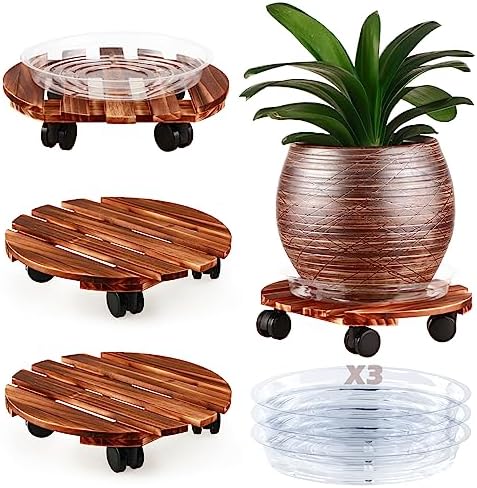 3 Pack Plant Caddy with Wheels Heavy Duty 13.5 Inch Wooden Plant Stand with Wheels Plant Dolly Rolling Plant Stand Plant Roller with Casters for Indoor and Outdoor with 3 Pack Plant Saucers, Round