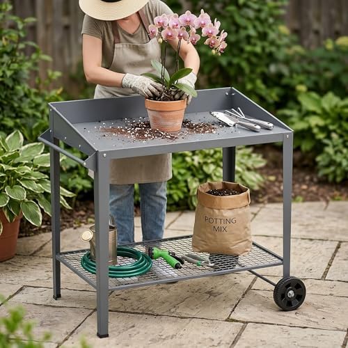 DDK Outdoor Metal Potting Bench with Wheels, Storage Shelf, Dark Gray