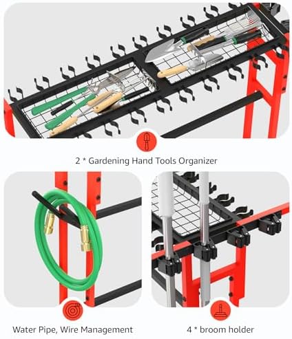 CCCEI Garage Organization with Wheels, Outdoor Gargen Yard Shed Tools Organizer Cart, Home Storage for Cleaning Supplies, Broom Holder, for Shovel and Rake, Long Farming and Farming Tools, Red.